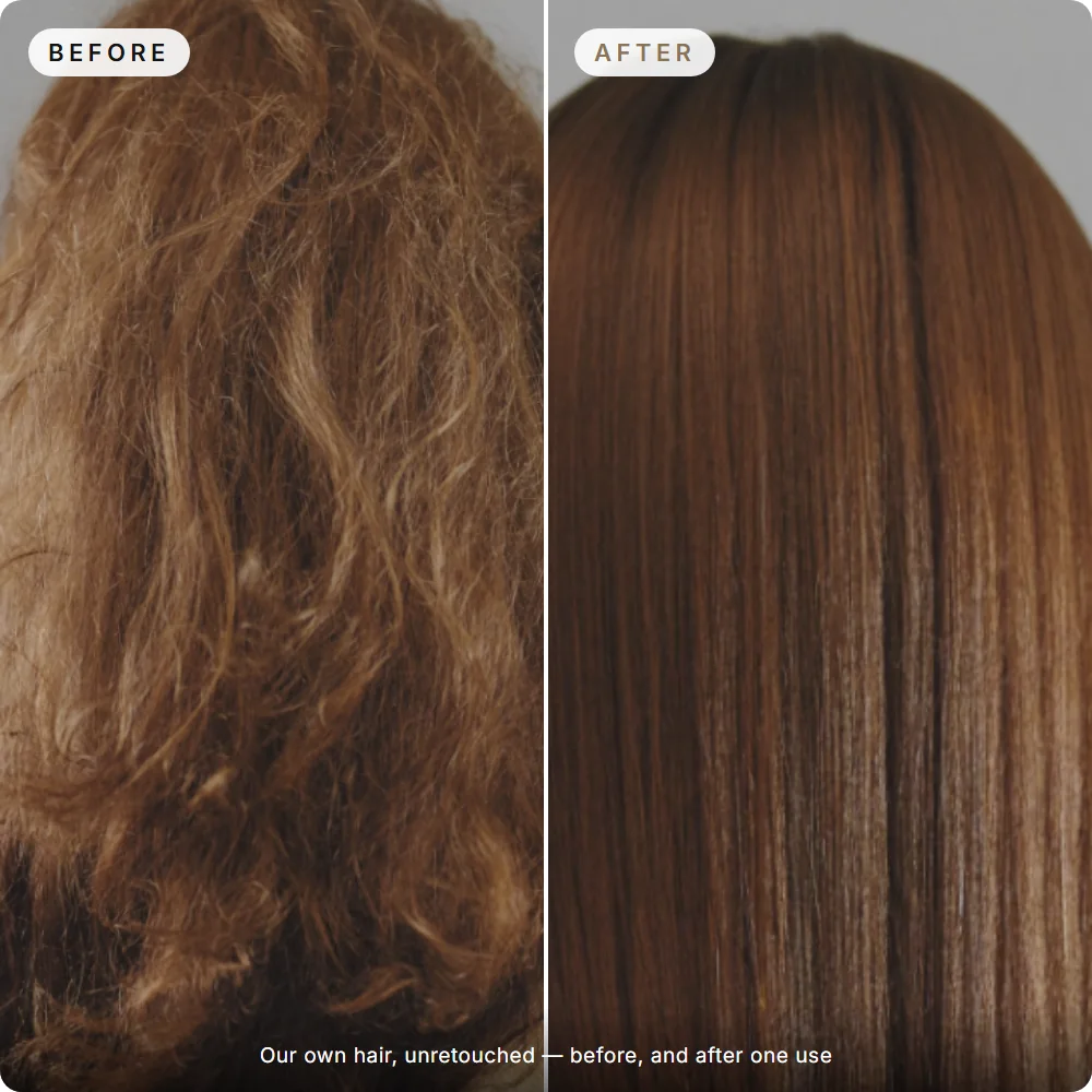 Our own hair photographed from behind, unretouched: frizzy and dull before The Silk Serum, smooth and glossy after one use