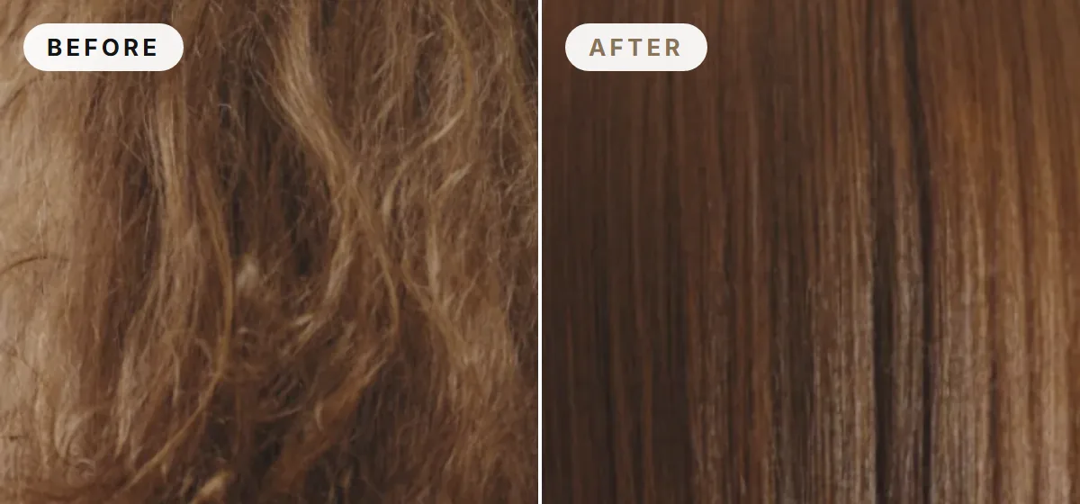 Our own hair, unretouched: frizzy and flyaway on the left, smooth and glossy on the right after one use of The Silk Serum
