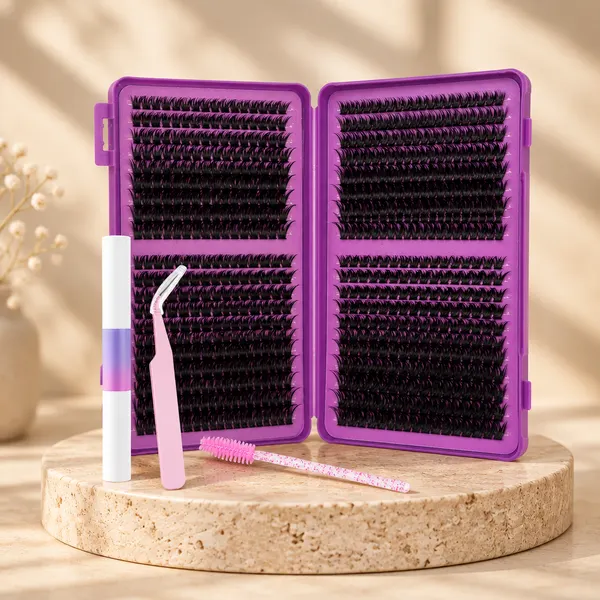 The Lash Kit, two purple cases of D-curl lash clusters with a bond and seal pen and tweezer