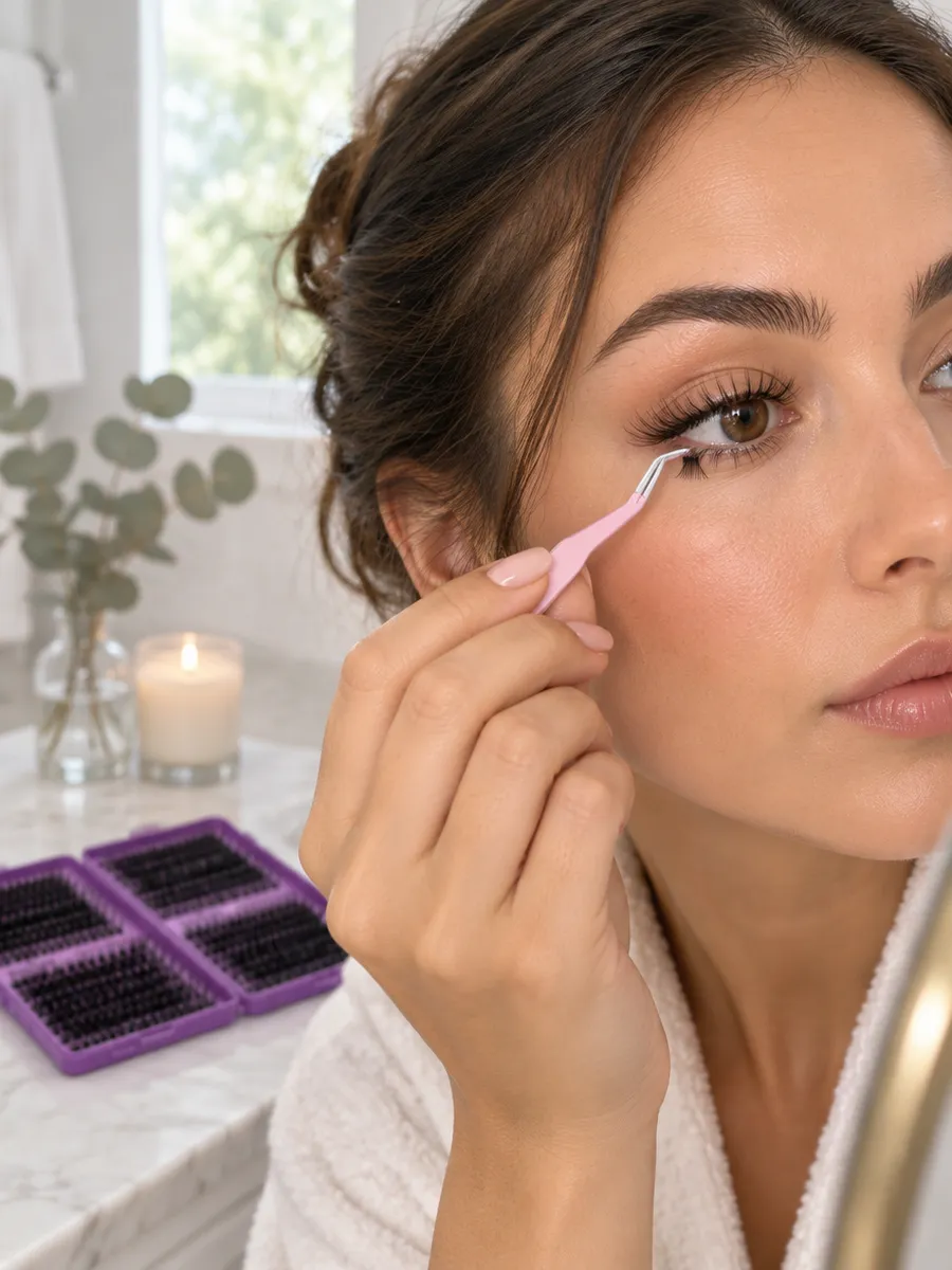 A woman placing a lash cluster under her natural lashes with the pink tweezer
