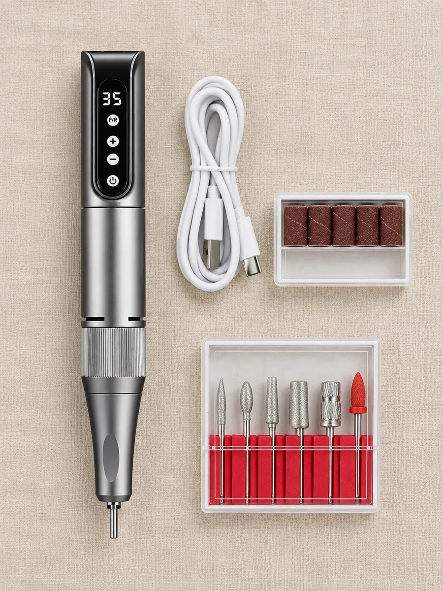 Everything in the box: the drill, a USB-C cable, sanding bands and a case of drill bits