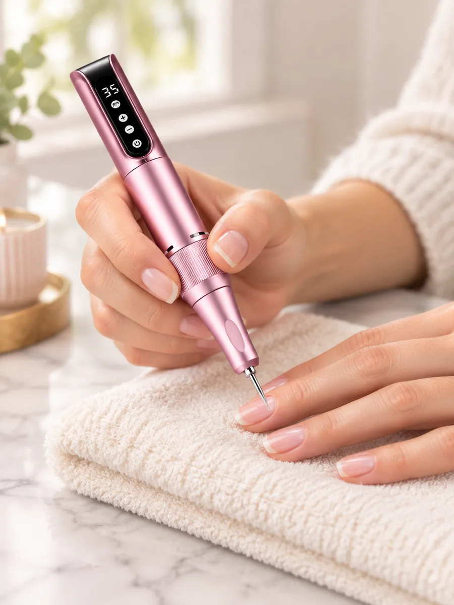 The Nail Drill in pink, held like a pen, filing the edge of a nail over a folded towel