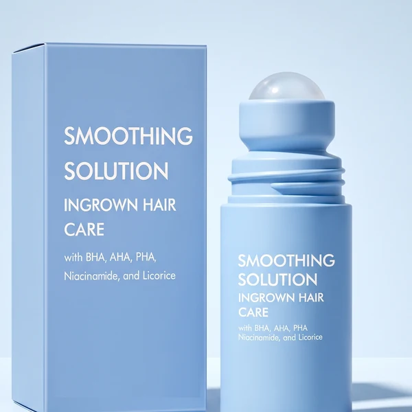 The Smoothing Roll-On, a blue 50ml roller bottle beside its box