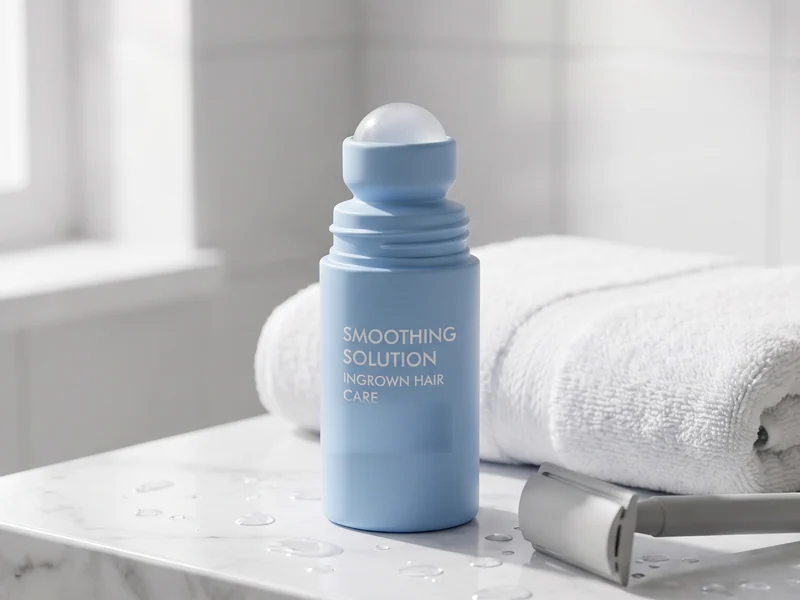 The bottle on a marble bathroom shelf beside a folded towel and a razor